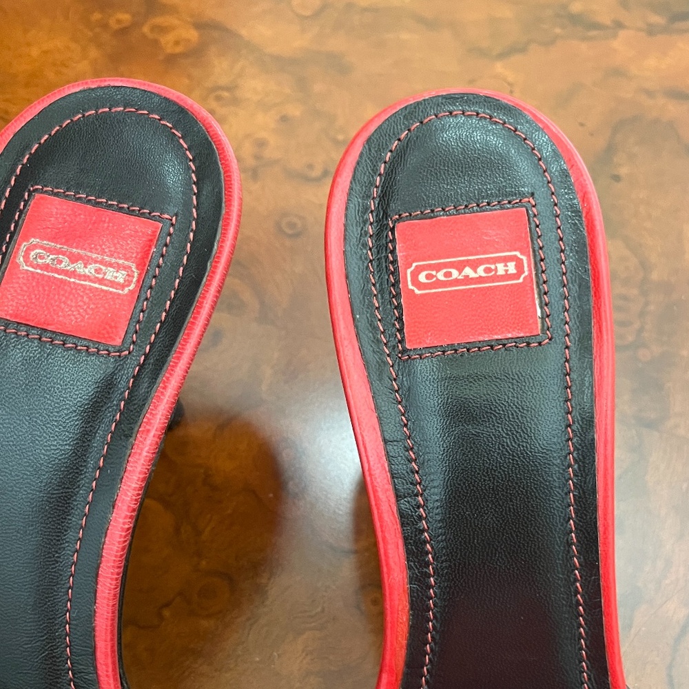 Coach Leather Red/Black Open Toe Slide Sandals Heels Button Italy Size 6B - Picture 5 of 8